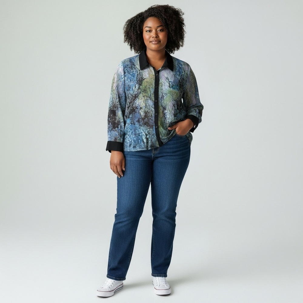 Pennington Blue Multi-Color Printed Button-Up Flowy Blouse
